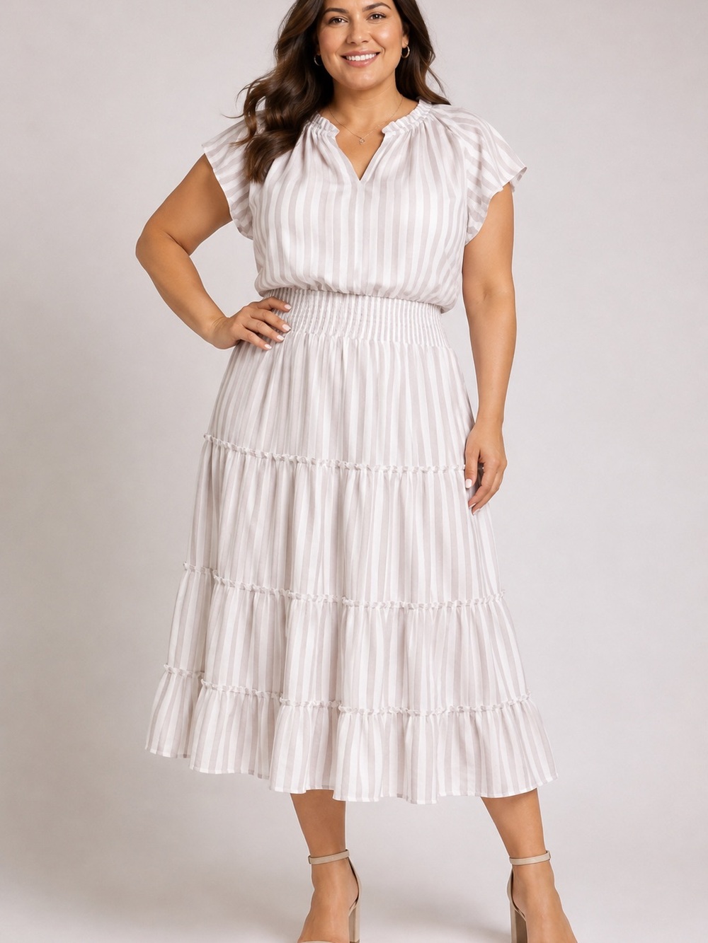 Wonderly Short Sleeve Smocked Waist Striped Maxi Dress xl